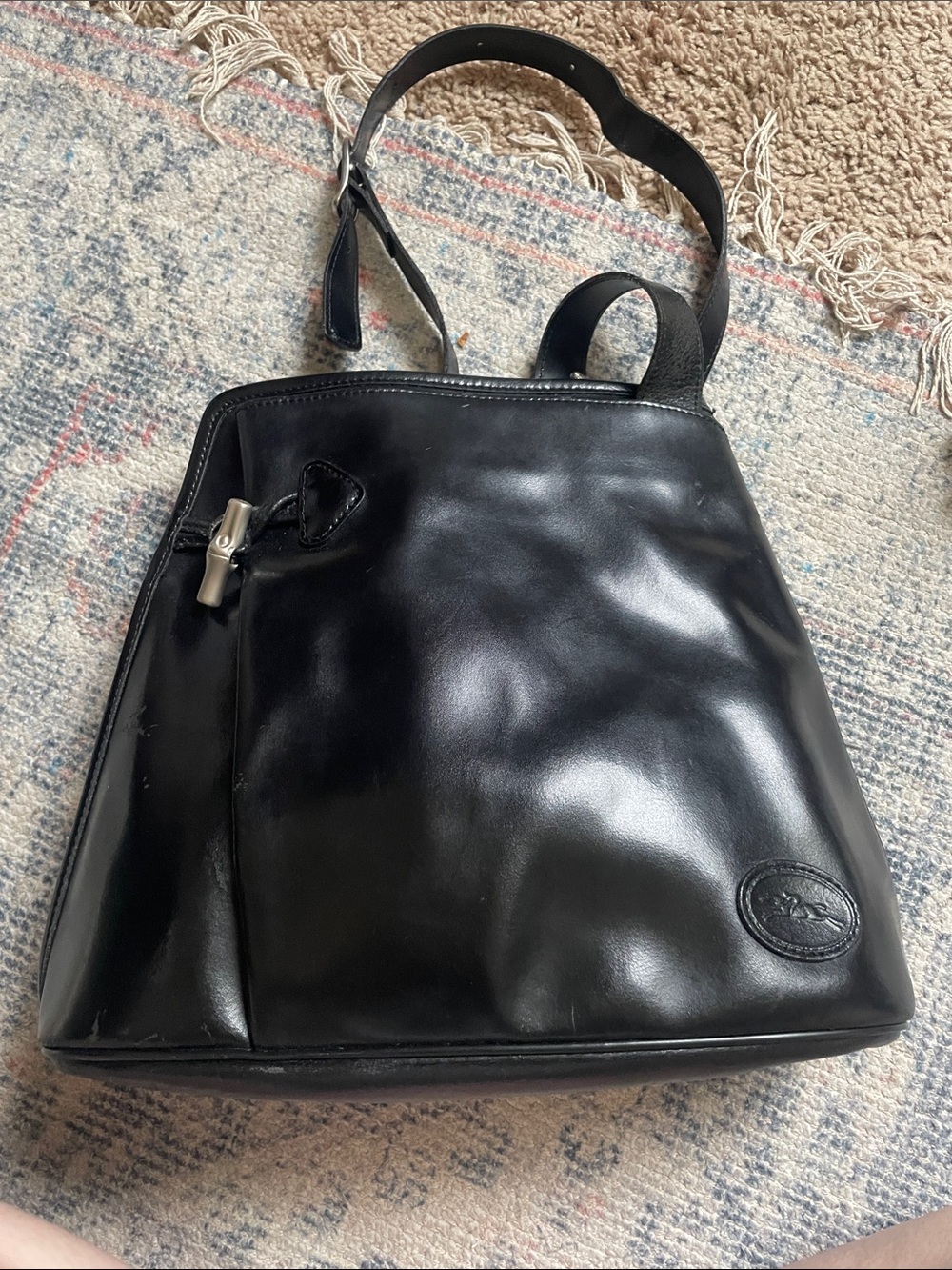 Longchamp Black Leather Shoulder Bag with Silver Hardware
